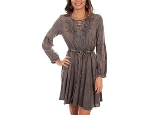 SCULLY Women's Medium Tobacco Western Hi/Lo Acid Wash Long Sleeve Pullover Dress